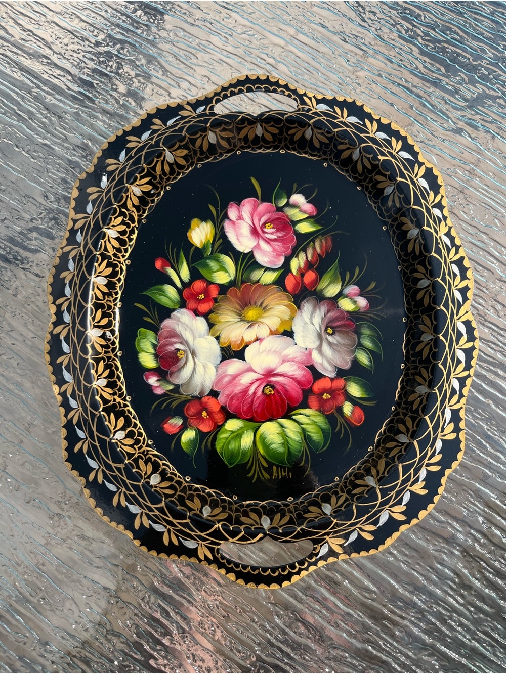 Vintage Hand-Painted Russian Zhostovo Floral Metal Serving Tray
